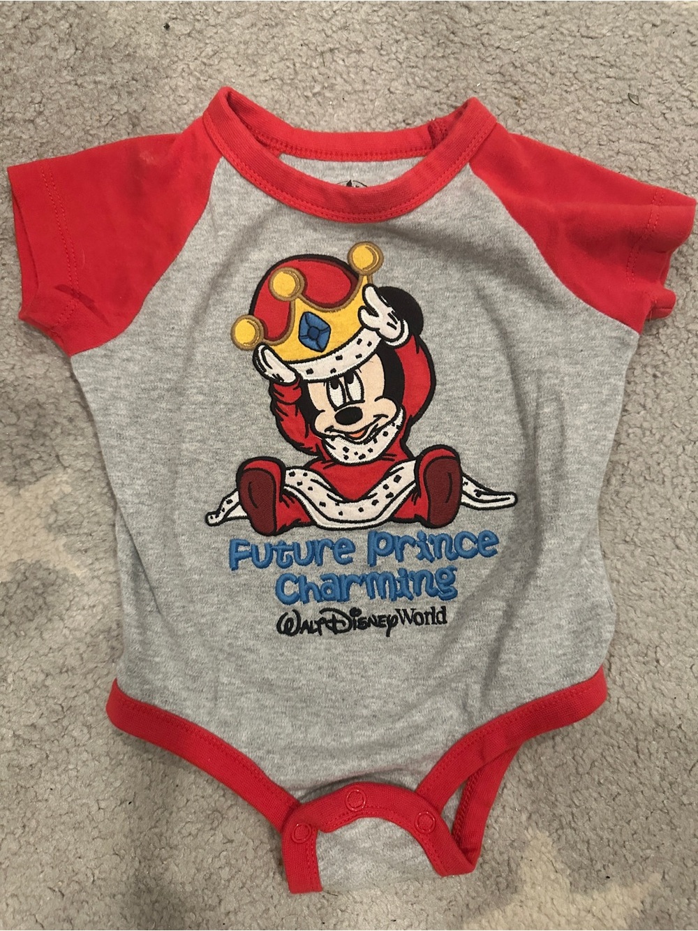 Disney Red & Gray raglan ‘Future Prince Charming' Mickey Mouse Bodysuit 12 month